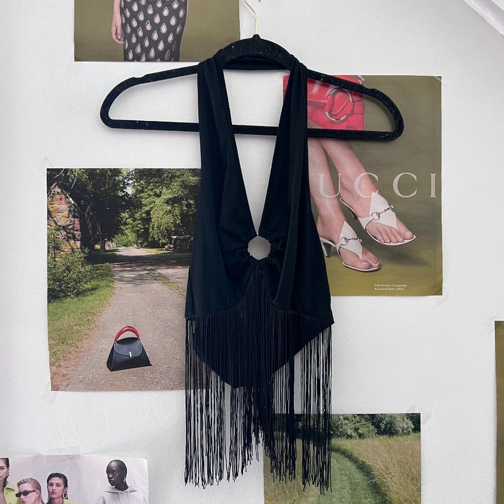 Black Fringe Halter Crop Top Festival Tops Whimsigoth 90s y2k Cowgirl